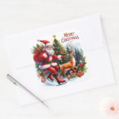 Santa schaatsen met een rendier vierkante sticker (Envelop)