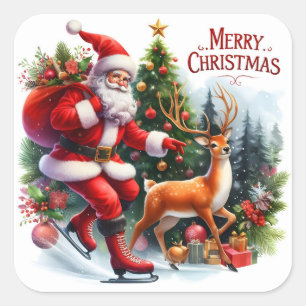 Santa schaatsen met een rendier vierkante sticker
