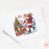 Santa Schaatsen met rendier door boom Vierkante Sticker (Envelop)