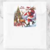 Santa Schaatsen met rendier door boom Vierkante Sticker (Tas)