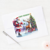 Santa Schaatsen met rendier door boom Vierkante Sticker (Envelop)