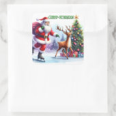 Santa Schaatsen met rendier door boom Vierkante Sticker (Tas)