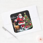 Santa schaatsen met rendier door boom vierkante sticker (Envelop)