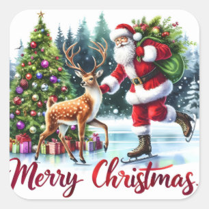 Santa schaatsen met rendieren door bomen vierkante sticker