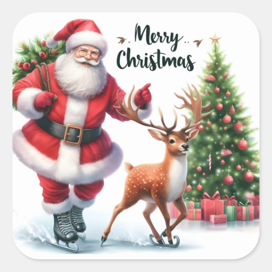 Santa Schaatsen met vrolijke rendieren Vierkante Sticker (Voorkant)