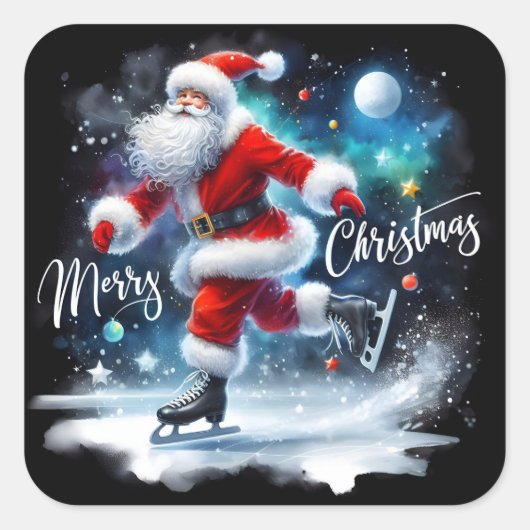 Santa schaatsen onder de donkere achtergrond van d vierkante sticker (Voorkant)
