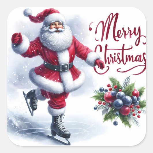Santa schaatsen op het winterfeest vierkante sticker (Voorkant)