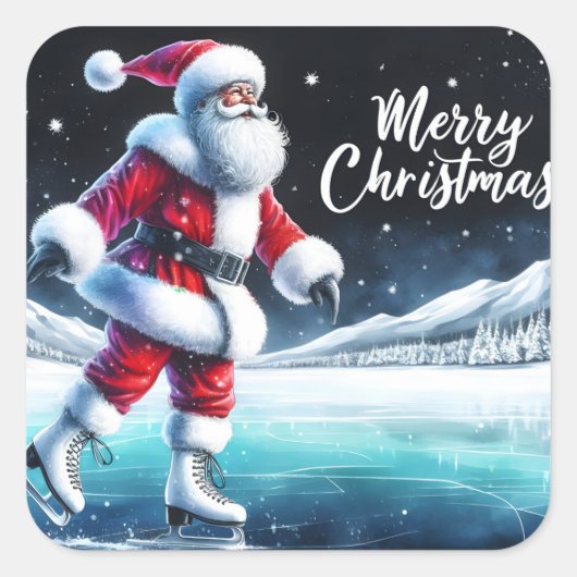 Santa schaatsen op het winterfeest vierkante sticker (Voorkant)