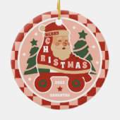 Santa Schaatsen | Retro Rolschaatsen Kerstmis Keramisch Ornament (Achterkant)