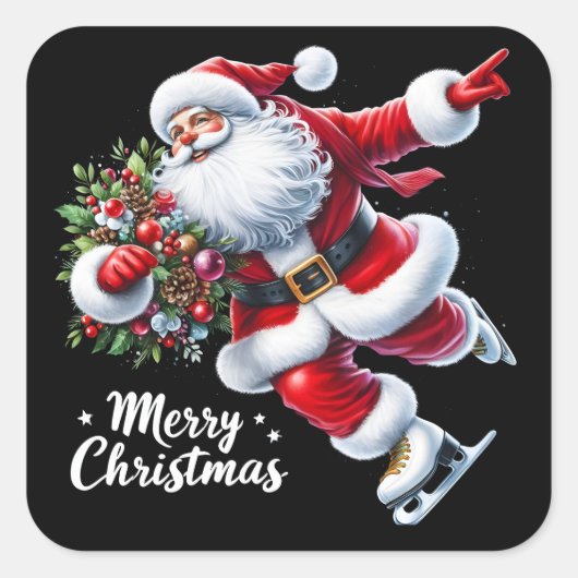 Santa schaatsen vrolijk met Kerstmis Vierkante Sticker (Voorkant)