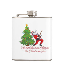 Santa schommelt rond de kerstboom op een heupfles