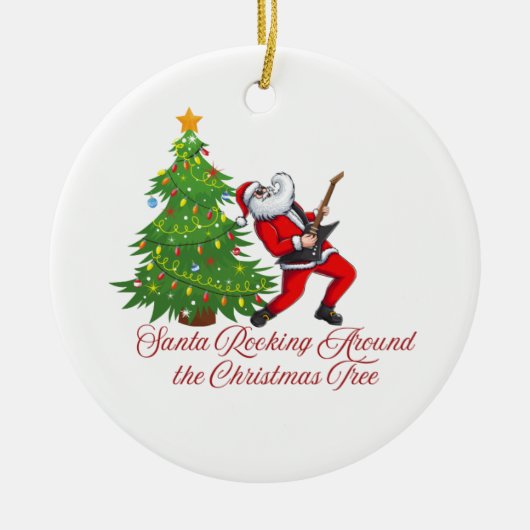 Santa schommelt rond de kerstboom op een keramisch ornament (Voorkant)