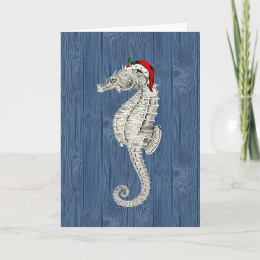 Santa Seahorse Blue Wood Christmas Kaart (Voorkant)