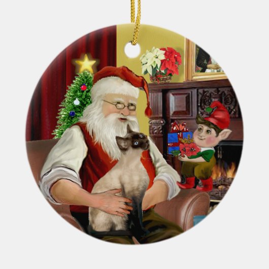 Santa - Seal Point Siamese kat Keramisch Ornament (Voorkant)