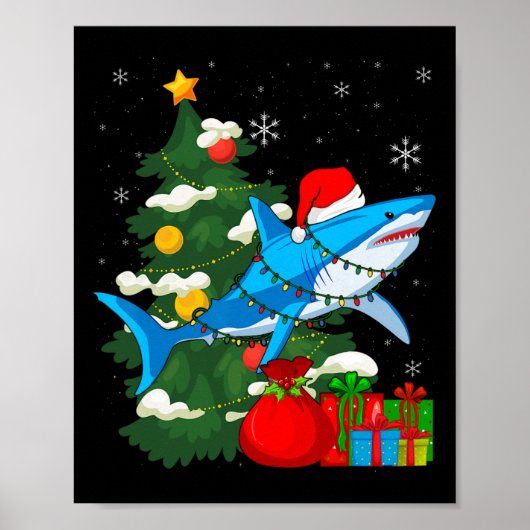Santa Shark Christmas Lights Sharkmas Tree Xmas Bo Poster (Voorkant)