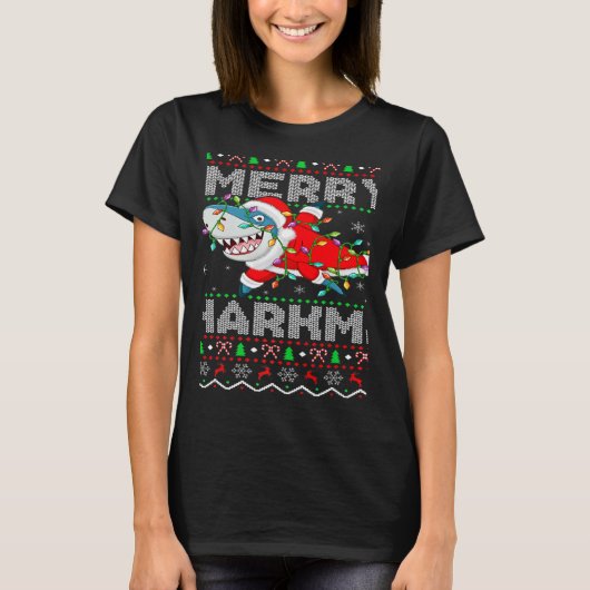 Santa Shark Christmas Lights Ugly Merry Sharkmas T-shirt (Voorkant)
