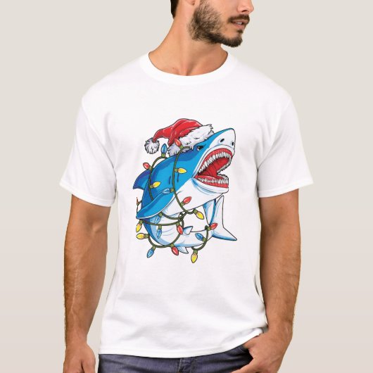Santa Shark-kerstlampjes T shirt Mannen Sharkmas (Voorkant)
