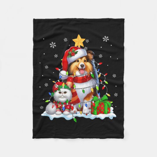 Santa Sheltie met Elf Cat Kerstverlichting Eigenaa Fleece Deken (Voorkant)