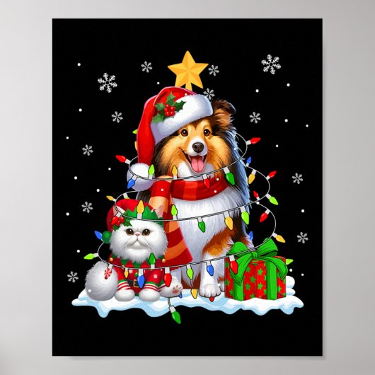 Santa Sheltie met Elf Cat Kerstverlichting Eigenaa Poster (Voorkant)