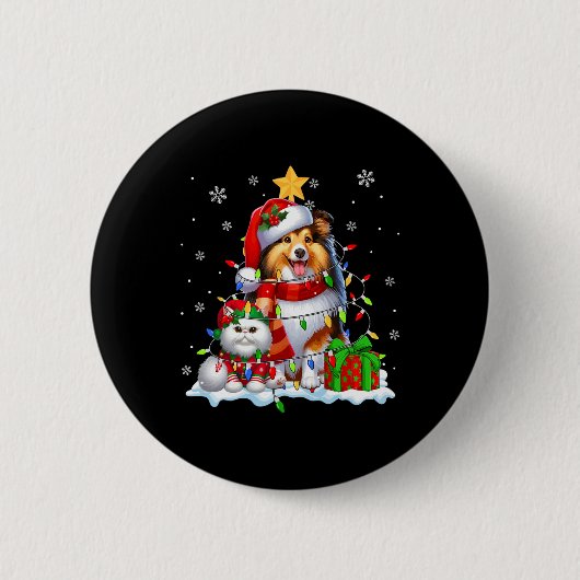 Santa Sheltie met Elf Cat Kerstverlichting Eigenaa Ronde Button 5,7 Cm (Voorkant)