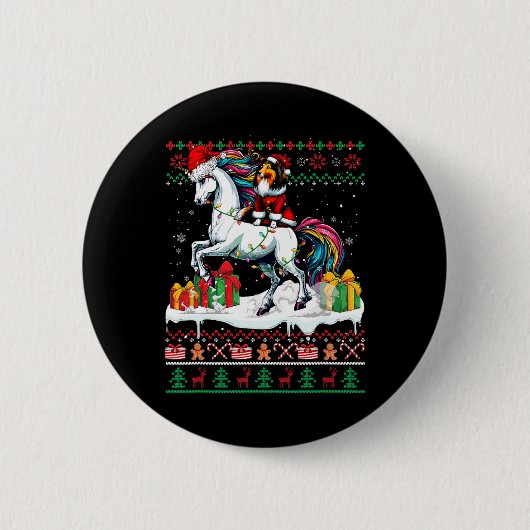 Santa Sheltie Rijden Eenhoorn Kerst Trui Lov Ronde Button 5,7 Cm (Voorkant)