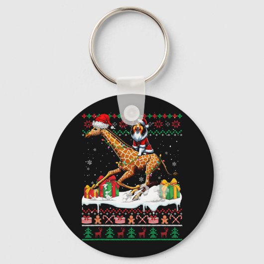 Santa Shetland Sheepdog Riding Giraffe Christmas S Sleutelhanger (Voorkant)