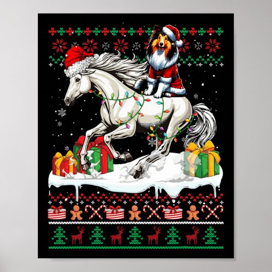 Santa Shetland Sheepdog Riding Horse Christmas Swe Poster (Voorkant)
