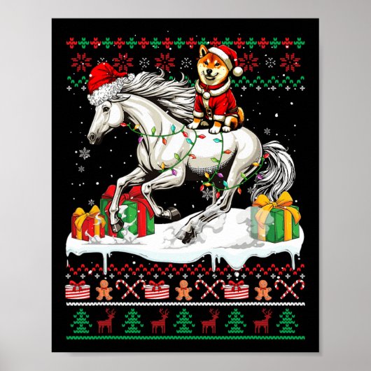 Santa Shiba Inu Riding Horse Kersttrui Lov Poster (Voorkant)