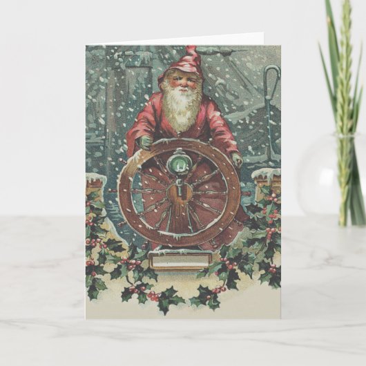 Santa Ship Boat Snow Storm Holly Feestdagen Kaart (Voorkant)