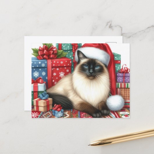 Santa Siamese Cat Christmas Holiday  Briefkaart (Voorkant / Achterkant in situ)