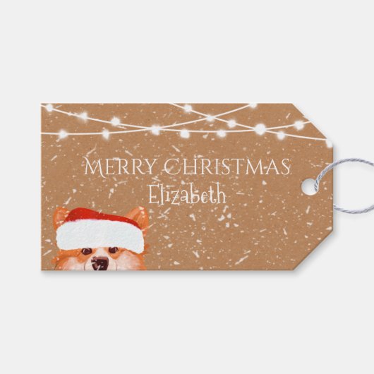 Santa Sinaasappel Corgi Kraft Textuur Kerstmis Cadeaulabel (Voorkant (Horizontaal))