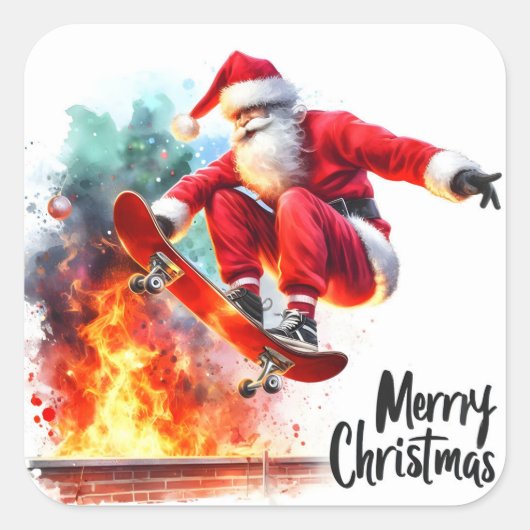 Santa Skateboarden over een feestelijk vuur Vierkante Sticker (Voorkant)