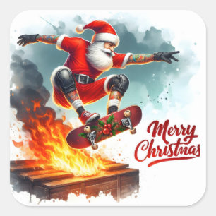 Santa Skateboarden over vlammen bij Kerstmis Vierkante Sticker