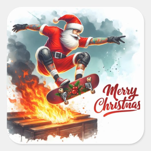 Santa Skateboarden over vlammen bij Kerstmis Vierkante Sticker (Voorkant)