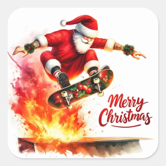 Santa Skateboards met kerstsfeer Vierkante Sticker (Voorkant)