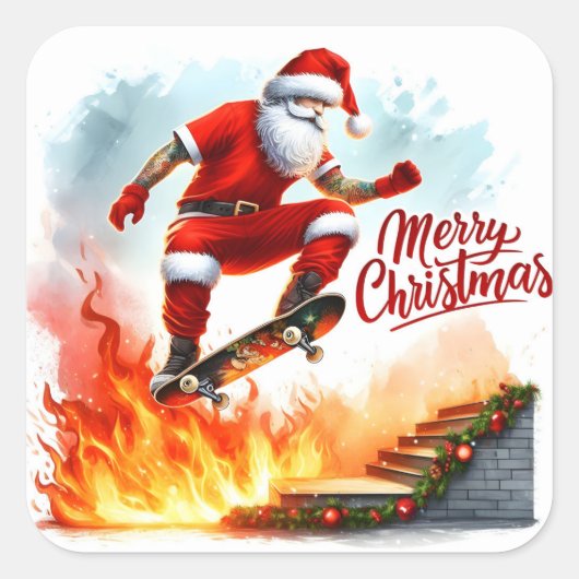 Santa Skateboards over Fiery Ramp Vierkante Sticker (Voorkant)