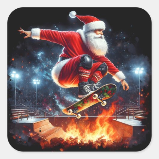 Santa Skateboards over Fiery Ramp Vierkante Sticker (Voorkant)