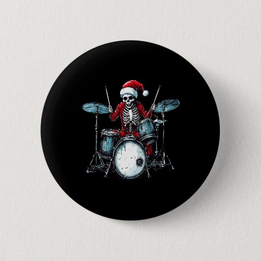 Santa Skeleton Playing Drum Drummer Percussionist Ronde Button 5,7 Cm (Voorkant)