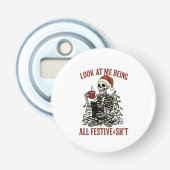 Santa Skeleton with Cat Holiday Snark Button Flesopener (Voorkant)