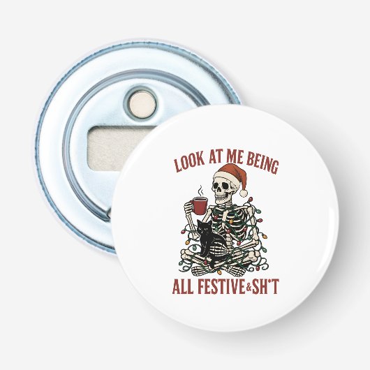 Santa Skeleton with Cat Holiday Snark Button Flesopener (Voorkant)
