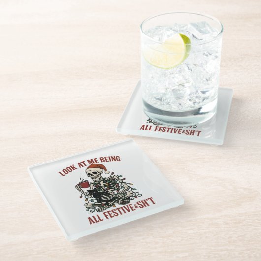 Santa Skeleton with Cat Holiday Snark Glazen Onderzetter (Schuin)