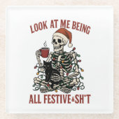 Santa Skeleton with Cat Holiday Snark Glazen Onderzetter (Voorkant)