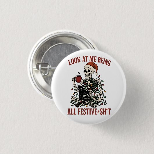 Santa Skeleton with Cat Holiday Snark Ronde Button 3,2 Cm (Voorkant /achterkant)