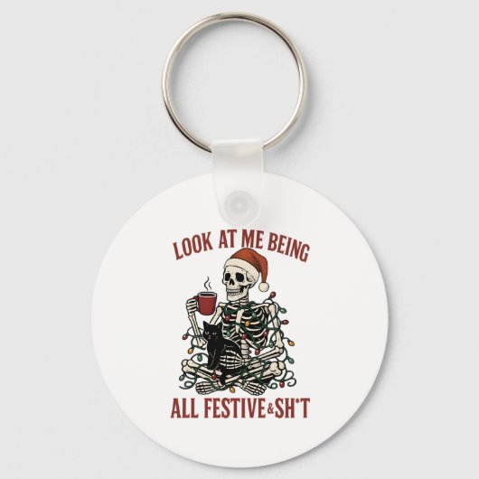 Santa Skeleton with Cat Holiday Snark Sleutelhanger (Voorkant)
