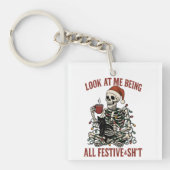 Santa Skeleton with Cat Holiday Snark Sleutelhanger (voorkant)