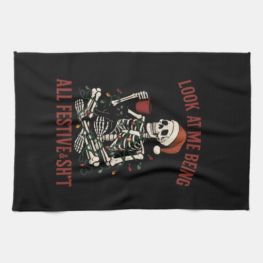 Santa Skeleton with Cat Holiday Snark Theedoek (Horizontaal)