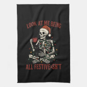 Santa Skeleton with Cat Holiday Snark Theedoek (Verticaal)