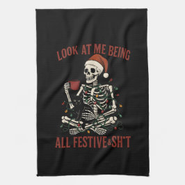 Santa Skeleton with Cat Holiday Snark Theedoek