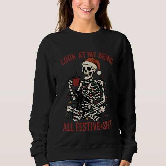 Santa Skeleton with Cat Holiday Snark Trui (Voorkant)