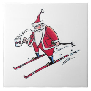 Santa Skiën grote keramische tegel Tegeltje